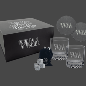 Whiskey Set with Two 9 oz. Glasses, Two 4" Slate Coasters, and Eight Granite Whiskey Stones with a Black Velvet Bag